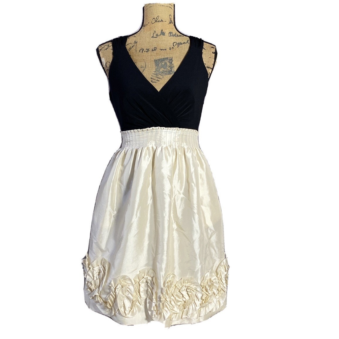 Nwt Max Cleo Dress 4 Black Bodice Champagne Ivory Full Skirt Ruffle Pleat Party